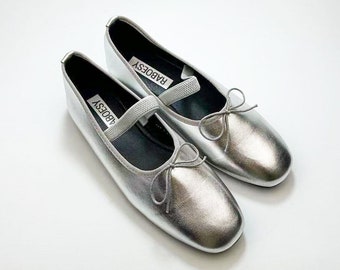 Leather Round Toe Flexible Band Ballerinas | Cute Sliver Foldable Ballet Flats | Elastic Strap Tie Bow Ballet Shoes