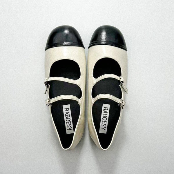 Eco Leather Color Block Mary Jane Shoes | Retro Double Straps Foldable Round Toe Mary Jane Flats | Softs Black White Sliver Mary Janes