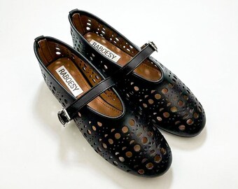 Damen-Mary-Jane-Flats mit verstellbarem Riemen und Aushöhlung | Kreative Mary-Jane-Schuhe im Retro-Stil | Schwarze, ausgehöhlte Sommer-Mary Janes