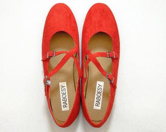 Zapatos de ballet con correas cruzadas y punta redonda de estilo retro para mujer / Zapatillas de ballet con correa ajustable roja vintage / Zapatos casuales para caminar para mujer