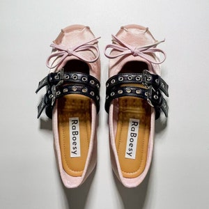 Retro Pink Satin Bow Tie Ballet Flats | Women Double Leather Straps Foldable Balletina | Round Toe Comfortable Ballet Shoes For Ladies