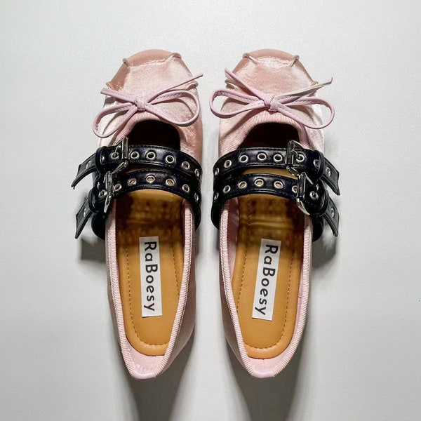 Retro Pink Satin Bow Tie Ballet Flats | Women Double Leather Straps Foldable Balletina | Round Toe Comfortable Ballet Shoes For Ladies