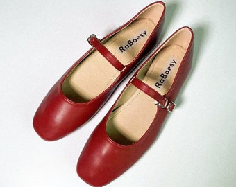 Eco cuero estilo retro punta redonda Mary Jane Flats / Vintage suave correa plegable Mary Janes / rojo negro astilla marrón blanco Mary Janes