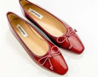 Eco Friendly Leather Pointed Toe Ballet Flats | Women Retro Bow Toe Ballerina | Vintage Red Ballet Shoes