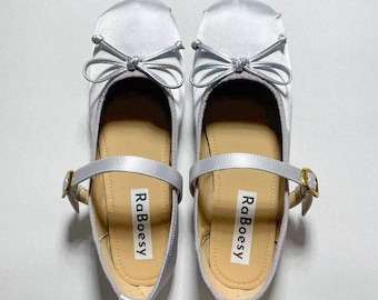 Retro gris satinado pajarita ballet pisos / mujeres suave correa ajustable balletina plegable / lindos zapatos de ballet cómodos punta redonda para damas