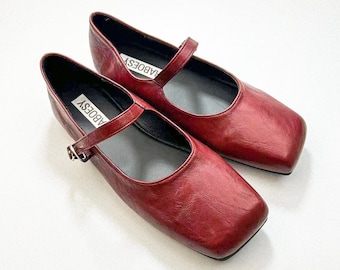 Eco-leer Mary Jane flats in retrostijl met effen neus | Vintage zachte opvouwbare riem Mary Janes | Rood Zwart Zilverbruin Wit Mary Janes