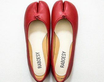 Eco Leather Retro Tabi Ballet Flats | Split Toe Shoes | Vintage Red Split Toe Tabis Shoes | French Style Foldable Women Shoes