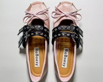 Zapatos planos de ballet con pajarita de satén rosa retro / Correas de cuero dobles para mujer Balletina plegable / Zapatos de ballet cómodos con punta redonda para damas