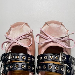 Retro Pink Satin Bow Tie Ballet Flats Women Double Leather Straps ...