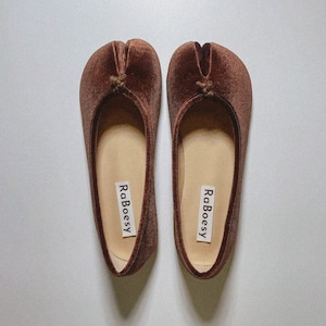 Frauen Samt Split Toe Tabi Ballerinas Vintage Grün Braun Tabis Ballerinas Retro Ballerinas Wohnungen Tabis für Damen Braun