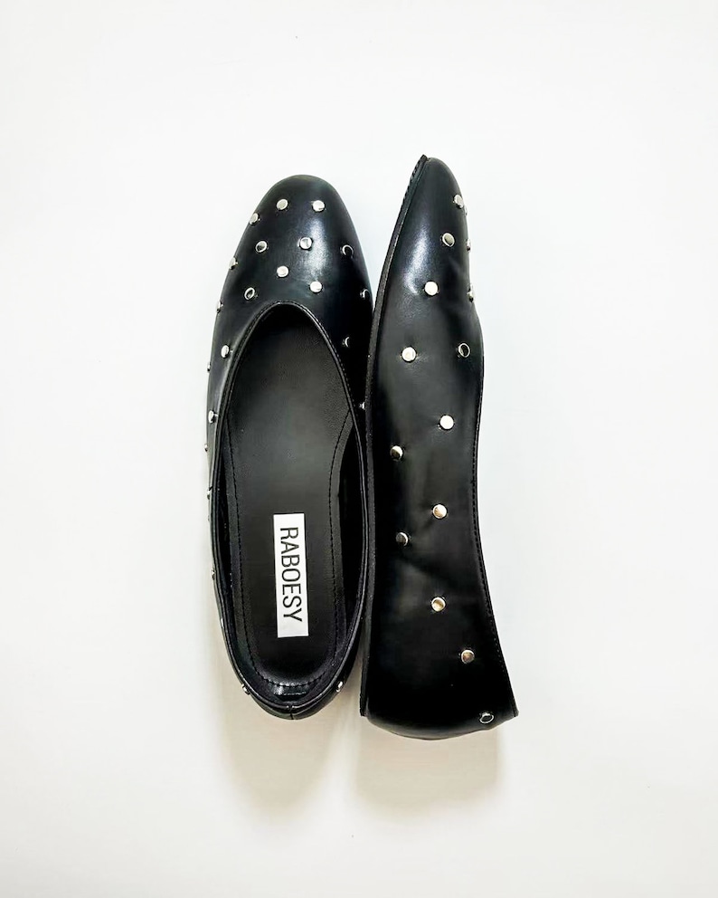 Eco cuero punto Toe Studs Ballet Flats / Vintage zapatos de ballet negros plegables / zapatos de ballet negro Mary Janes imagen 3