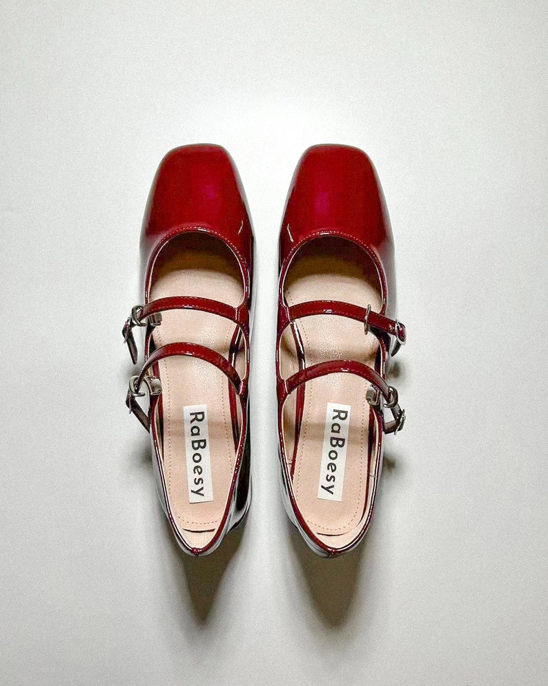 Women Double Straps Mary Jane Pumps Retro Style Two Straps Mary Jane Shoes Red Sliver Black Round Toe Mary Jane Heel Shoes Red