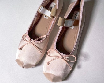 Ballerine in raso con punta rotonda / Ballerine pieghevoli rosa bianche nere / Scarpe da balletto con fiocco in punta / Scarpe da balletto stile retrò carino