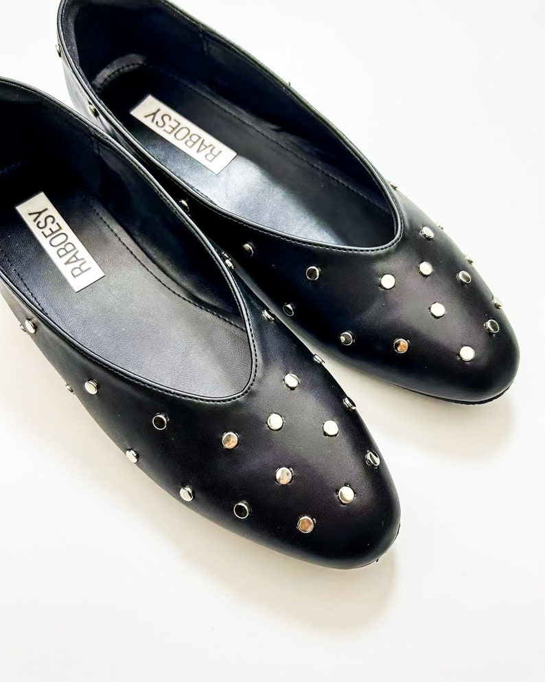 Eco cuero punto Toe Studs Ballet Flats / Vintage zapatos de ballet negros plegables / zapatos de ballet negro Mary Janes imagen 7