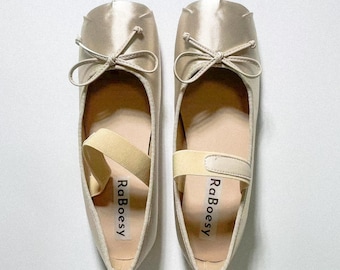 Klassische Ballerinas aus Satin mit Fliege | Damen Rosa Beige faltbare Ballerina| Bequeme Ballettschuhe mit runder Zehenpartie für Damen | Vintage-Ballettcore