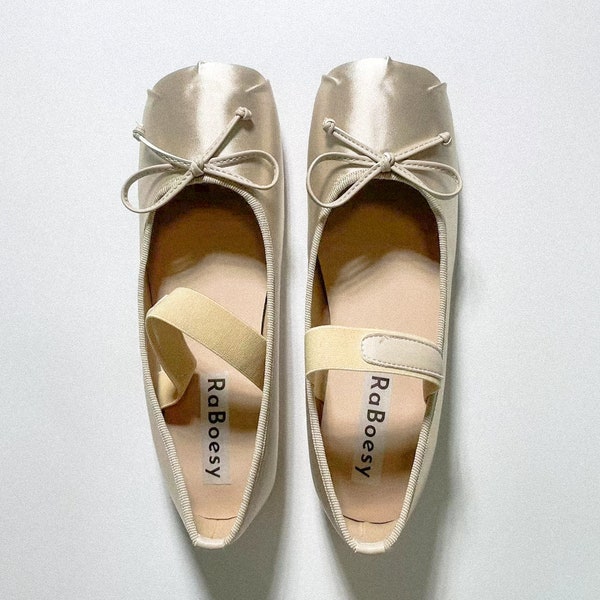 Ballerines classiques en satin à nœud papillon | Ballerine pliable rose et beige Femme | Ballerines confortables à bout rond pour femmes | Vintage Balletcore