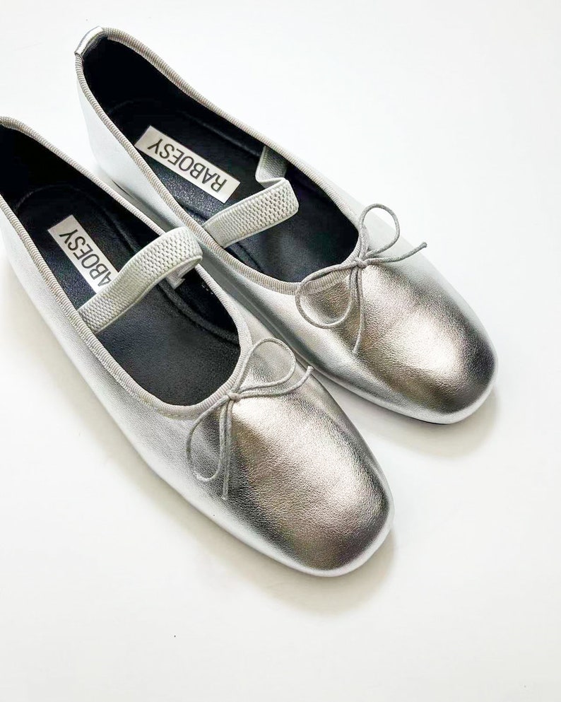 Leather Round Toe Flexible Band Ballerinas Cute Sliver Foldable Ballet Flats Elastic Strap Tie Bow Ballet Shoes image 5