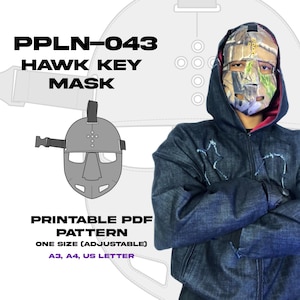 Pode incluir: Uma pessoa vestindo uma jaqueta jeans e uma máscara de camuflagem. A máscara está rotulada como "HAWK KEY MASK" com o código "PPLN-043". A imagem também inclui um diagrama da máscara e texto indicando que é um padrão PDF imprimível, tamanho único ajustável e compatível com A3, A4 e US Letter.