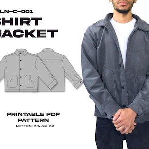 May include: A gray corduroy shirt jacket with a button-up front, two front pockets, and a collar. The image also shows a line drawing of the shirt jacket and the text "SHIRT JACKET" and "PRINTABLE PDF PATTERN".