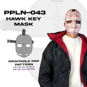 May include: A person wearing a Hawk Key mask with a red and white patterned design. The mask is part of a printable PDF pattern. The image also shows a diagram of the mask and the text "PPLN-043 HAWK KEY MASK".
