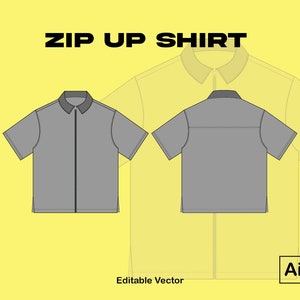 May include: A gray zip-up shirt with short sleeves and a black zipper. The shirt is shown in both front and back views.