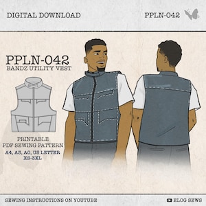 May include: A digital download sewing pattern for the PPLN-042 Bandz Utility Vest. The image displays a technical line drawing of the vest, a front and back view on a figure, and text including PPLN-042, printable PDF sewing pattern, and sizes XS-3XL.