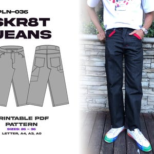 Könnte beinhalten: Schwarze SKR8T-Jeans mit roten Akzenten an den Taschen. Das Bild zeigt eine Diagramm der Jeans und eine Person, die sie trägt. Der Text auf dem Bild lautet "PPLN-036 SKR8T JEANS PRINTABLE PDF PATTERN SIZES: 26 - 36 LETTER, A4, A3, A0."