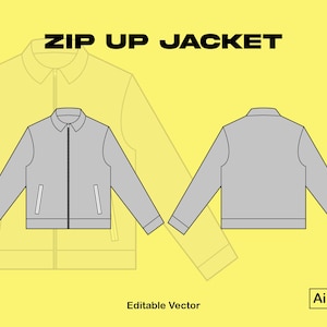 May include: A gray zip-up jacket with a front zipper and two pockets on the front. The jacket is shown from the front and back. The text "ZIP UP JACKET" is at the top of the image. The text "Editable Vector" is at the bottom of the image.