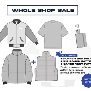 Puede incluir: Una venta de toda la tienda con patrones para una bolsa acolchada, una bolsa con cremallera y un chaleco cargo. La imagen incluye ilustraciones de los artículos, junto con el texto "ALL THIS + PUFFER BAG PATTERN + ZIP POUCH PATTERN + CARGO VEST PATTERN" y "LIMITED OFFER!"