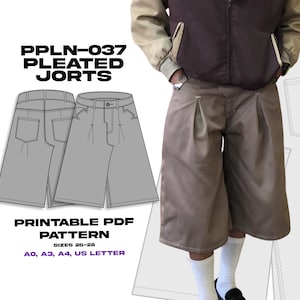 May include: A digital sewing pattern for PPLN-037 pleated jorts, featuring a technical line drawing of knee-length shorts with front pleats, back pockets, and a waistband. The text includes PPLN-037 PLEATED JORTS, PRINTABLE PDF PATTERN, SIZES 26-28, A0, A3, A4, US LETTER.