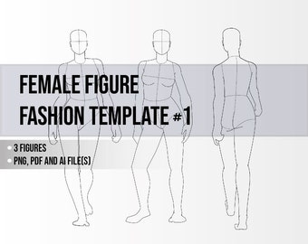 Op de afbeelding: Drie lijntekeningen van een vrouwelijke figuur in verschillende poses. De figuren worden gebruikt als sjablonen voor modeontwerp. De tekst "FEMALE FIGURE FASHION TEMPLATE #1" staat bovenaan de afbeelding. De tekst "3 FIGURES" en "PNG, PDF AND AI FILE(S)" staat onderaan de afbeelding.