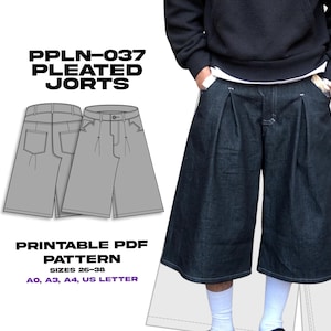 May include: Dark denim pleated jorts featuring a wide-leg silhouette. The image includes a technical line drawing of the garment and text reading PPLN-037 PLEATED JORTS PRINTABLE PDF PATTERN SIZES 26-38 A0, A3, A4, US LETTER.