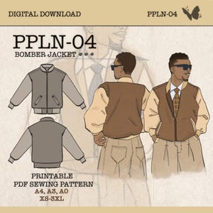 Puede incluir: Descarga digital de un patrón de costura de chaqueta bomber, etiquetado como PPLN-04. El diseño presenta una chaqueta marrón y beige con cierre de cremallera y bolsillos. El patrón incluye tallas XS-3XL y está disponible en formatos A4, A3 y A0.