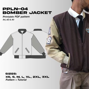 May include: A bomber jacket pattern with the text "PPLN-04 BOMBER JACKET" and "Printable PDF pattern". The pattern includes sizes XS to 3XL. The image also shows a person wearing a brown and tan bomber jacket.