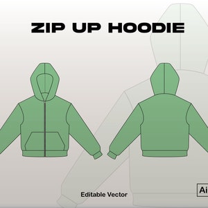 Puede incluir: Un diseño de sudadera con capucha verde con cremallera, vistas frontal y trasera, con capucha y bolsillo delantero. El texto "ZIP UP HOODIE" se muestra en la parte superior. El diseño es un gráfico vectorial, como indica el texto "Editable Vector".
