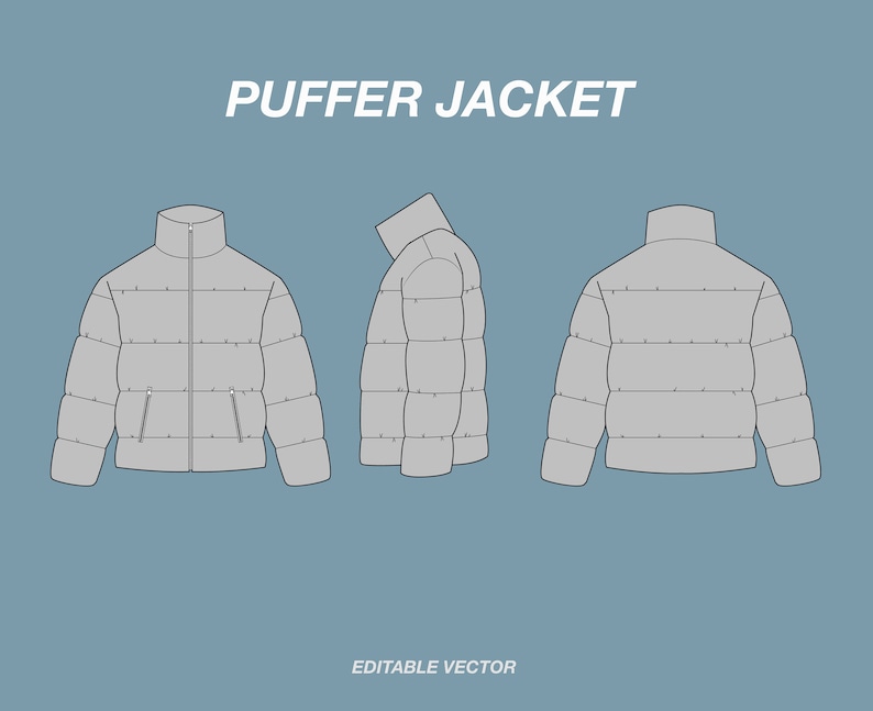 May include: A gray puffer jacket with a zipper closure and two pockets. The jacket is shown from the front, side, and back.