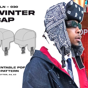 Puede incluir: Un gorro de invierno con estampado de cachemira en blanco y negro con orejeras y cierre de hebilla. La imagen también muestra un diagrama del gorro y el texto "PPLN - 030 WINTER CAP PRINTABLE PDF PATTERN LETTER, A4, A3".