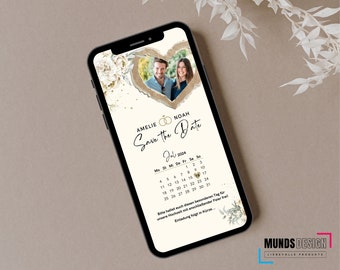 Può includere: Un biglietto di save the date con un design a forma di cuore dorato e una foto di una coppia. Il biglietto riporta il testo "Save the Date" e i nomi "Amelie" e "Noah". Il biglietto include anche un calendario con la data di luglio 2024 evidenziata.
