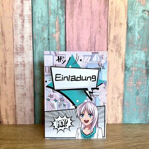 Einladungskarte für Mädchen Kindergeburtstag in Manga-Optik als Set