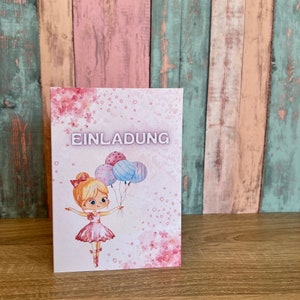 Einladungskarte als Klappkarte für Kindergeburtstag | Motiv Ballerina mit Luftballons