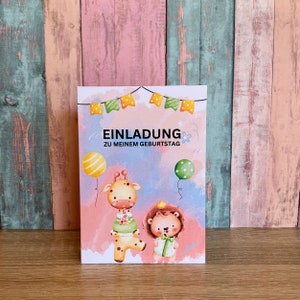 Einladungskarte als Klappkarte personalisiert für Kindergeburtstag | Motiv Löwe & Giraffe 2