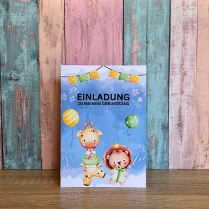 Einladungskarte als Klappkarte personalisiert für Kindergeburtstag | Motiv Löwe & Giraffe