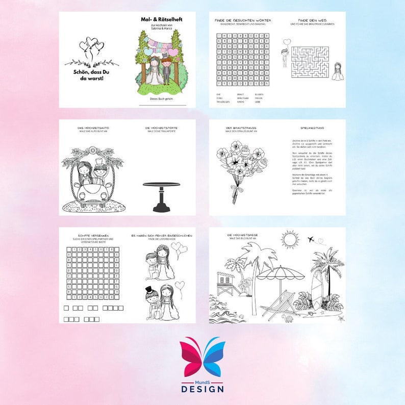 May include: A black and white coloring book with a wedding theme. The cover features a bride and groom standing under a floral archway. The book includes a variety of activities, such as word searches, mazes, and coloring pages.