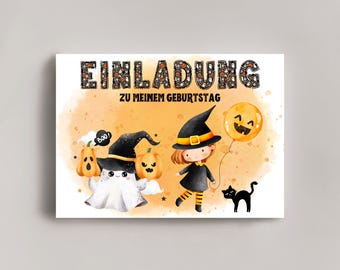 Cartes d'invitation d'anniversaire pour enfants Halloween imprimées – sorcière, chat, citrouille et fantôme – carte de fête effrayante pour enfants, 18 x 13 cm