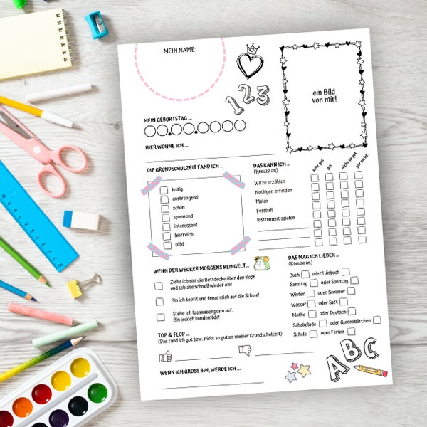 Steckbrief Abschiedsgeschenk Kinder + Lehrer/in Grundschule | Ende 4. Klasse - DIN A4 - 25x Steckbrief Kinder + Lehrer | Erinnerungen