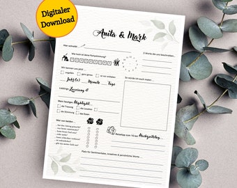 Download: Gästebuchkarten Eukalyptus personalisiert mit Fragen zum Ausfüllen für die Hochzeit