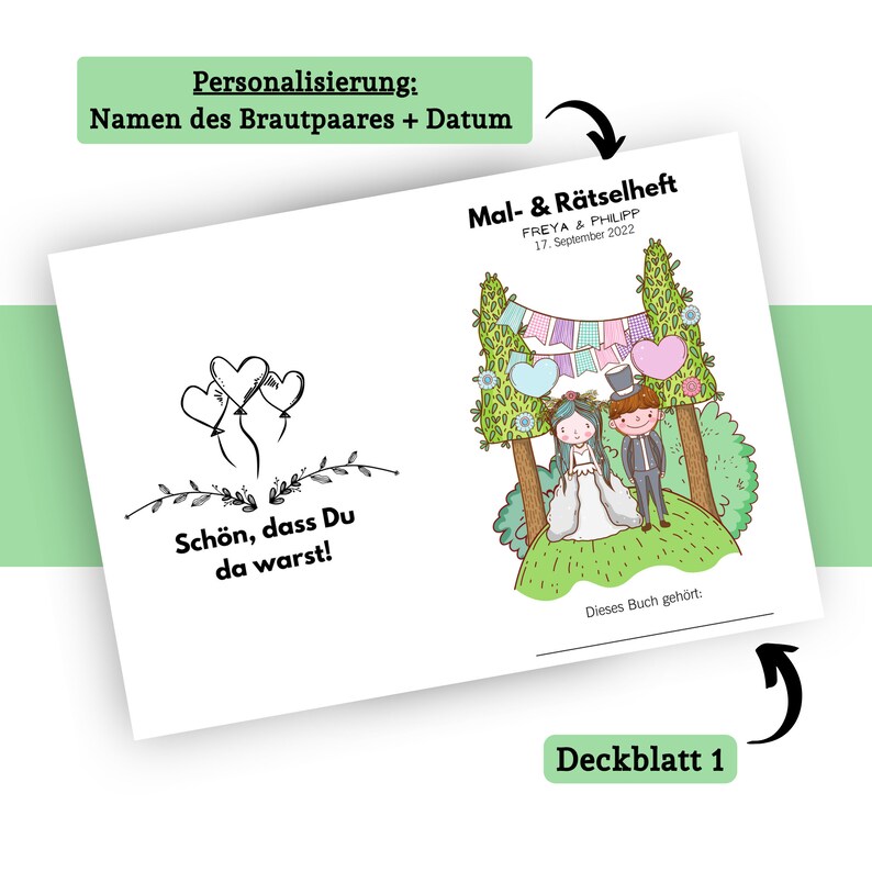May include: A wedding-themed coloring and activity book with a cartoon illustration of a bride and groom standing under a floral archway. The cover includes the text "Mal- & R&auml;tselheft" and "FREYA & PHILIPP 17. September 2022".