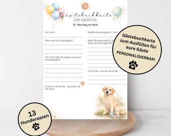 Personalized birthday guestbook cards with a dog – guestbook alternative – commemorative cards for celebrations – gift for dog lovers