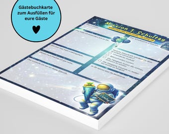 Space-themed guestbook cards for the first day of school, personalized with name & class – Mission 1st Day of School A5 | First Day of School for Boys | 10–30 pieces