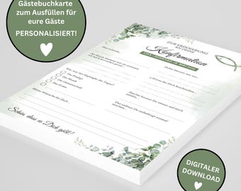 Download: Personalized guest book card in eucalyptus style – Perfect for confirmation, communion, confirmation or youth dedication!